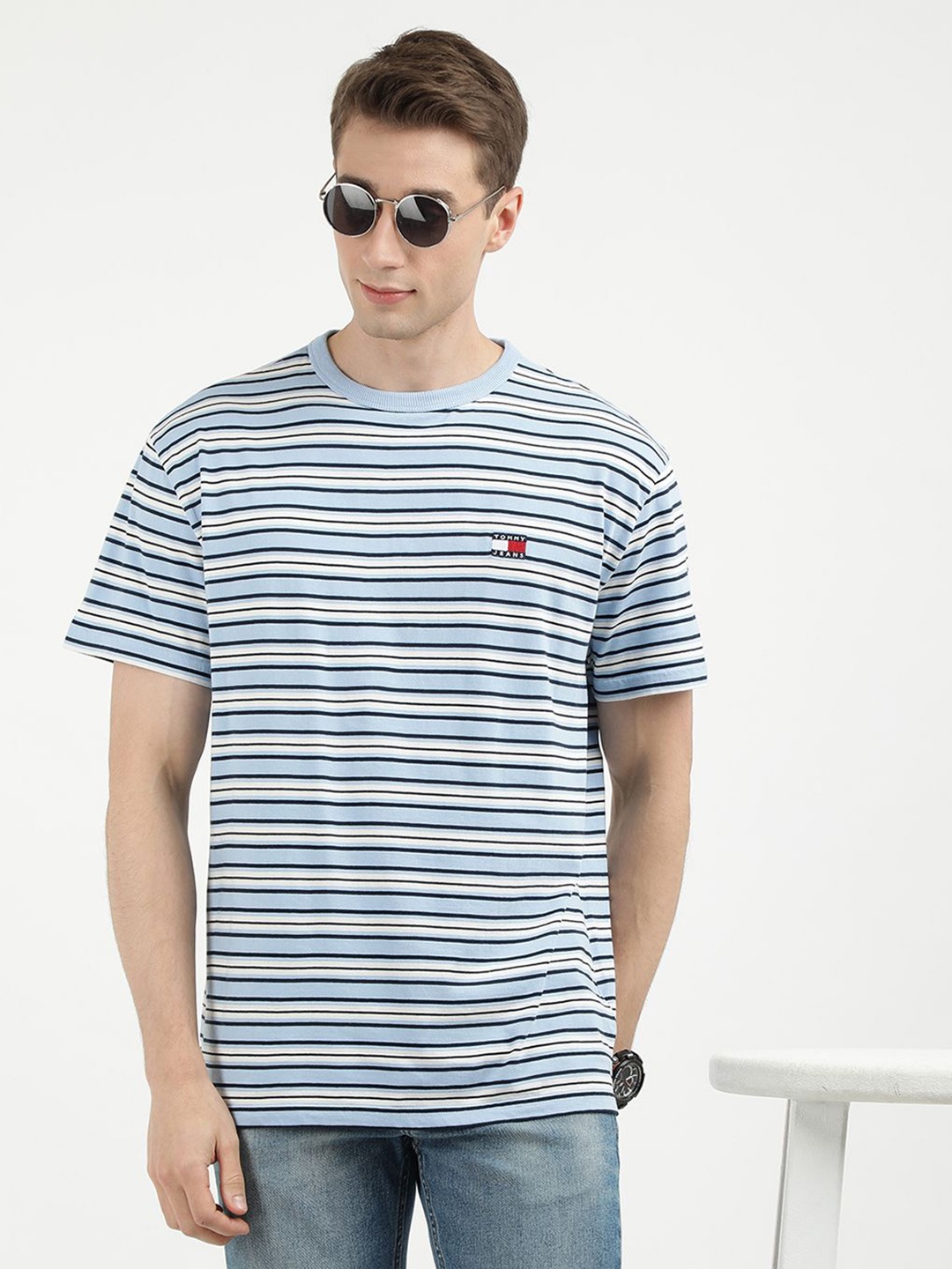 

Tommy Hilfiger Men Striped Round Neck Cotton T-shirt, Blue