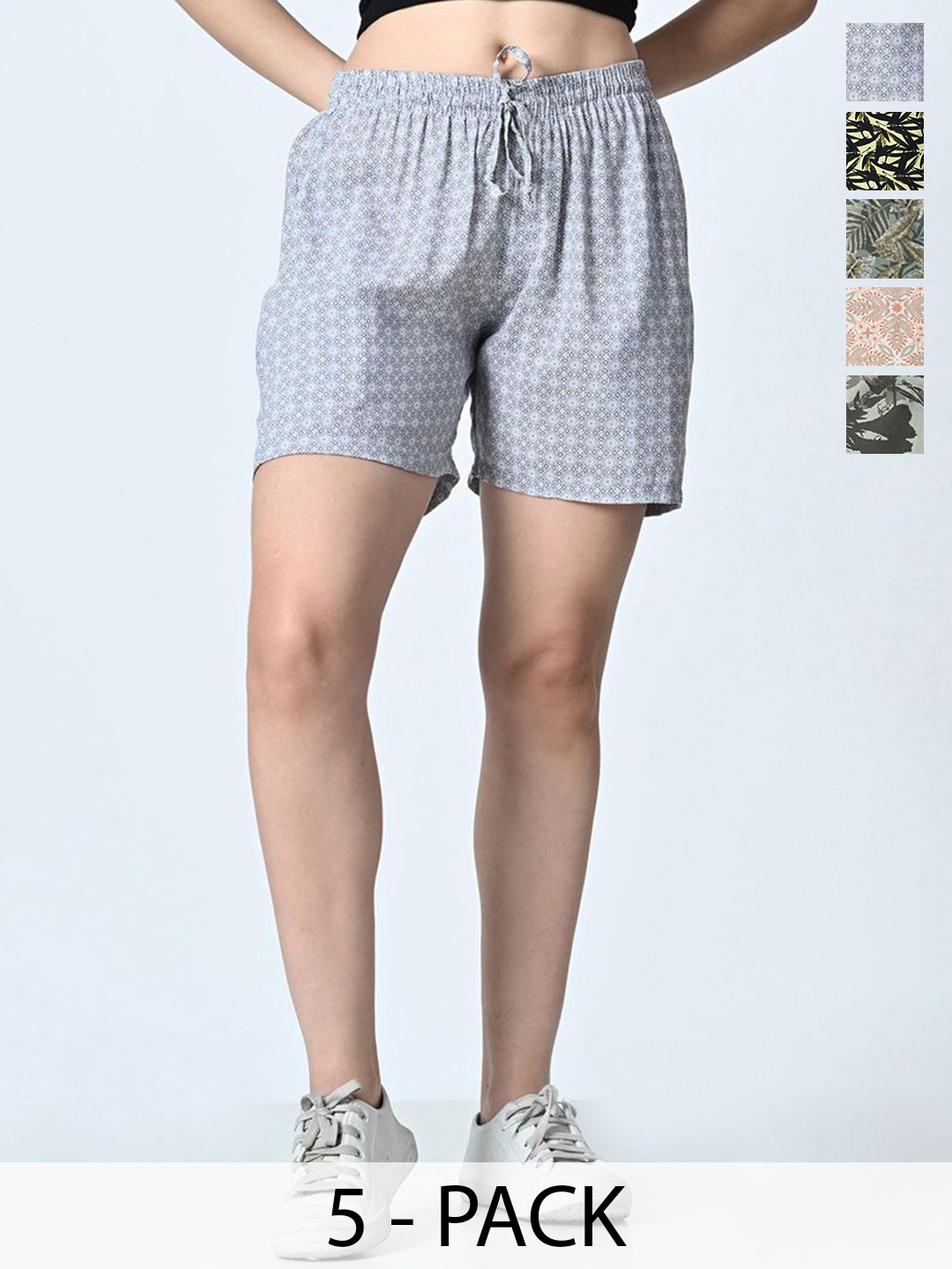 

BAESD Pack Of 5 Women Printed Mid-Rise Pure Cotton Shorts, Grey