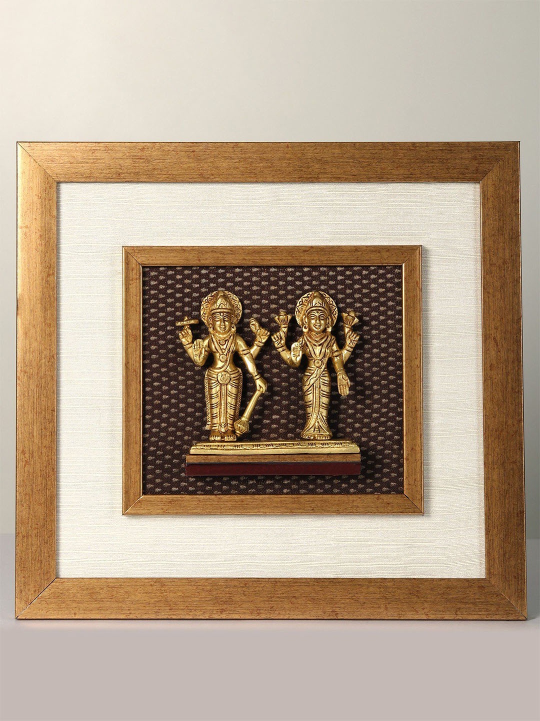 

Exotic India 15" Brass Lakshmi Narayana Idol in Wall Hanging Wooden Framed, Gold