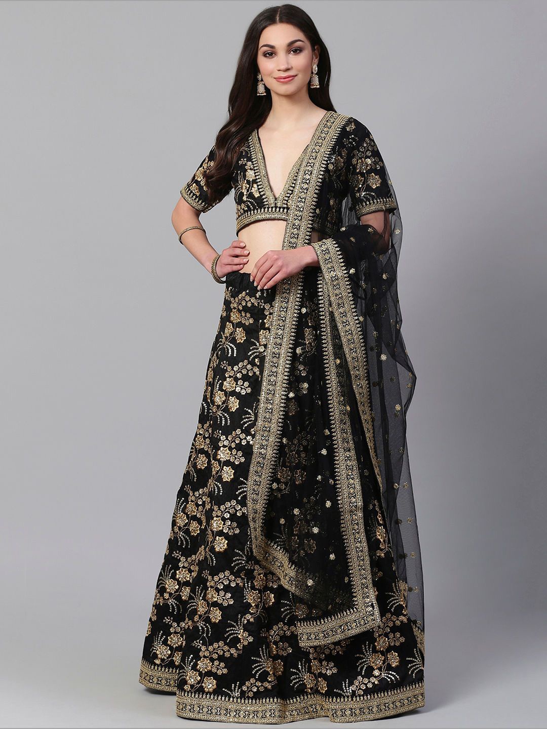 

FABPIXEL Embroidered Zari Sequinned Semi-Stitched Lehenga & Unstitched Blouse With Dupatta, Black