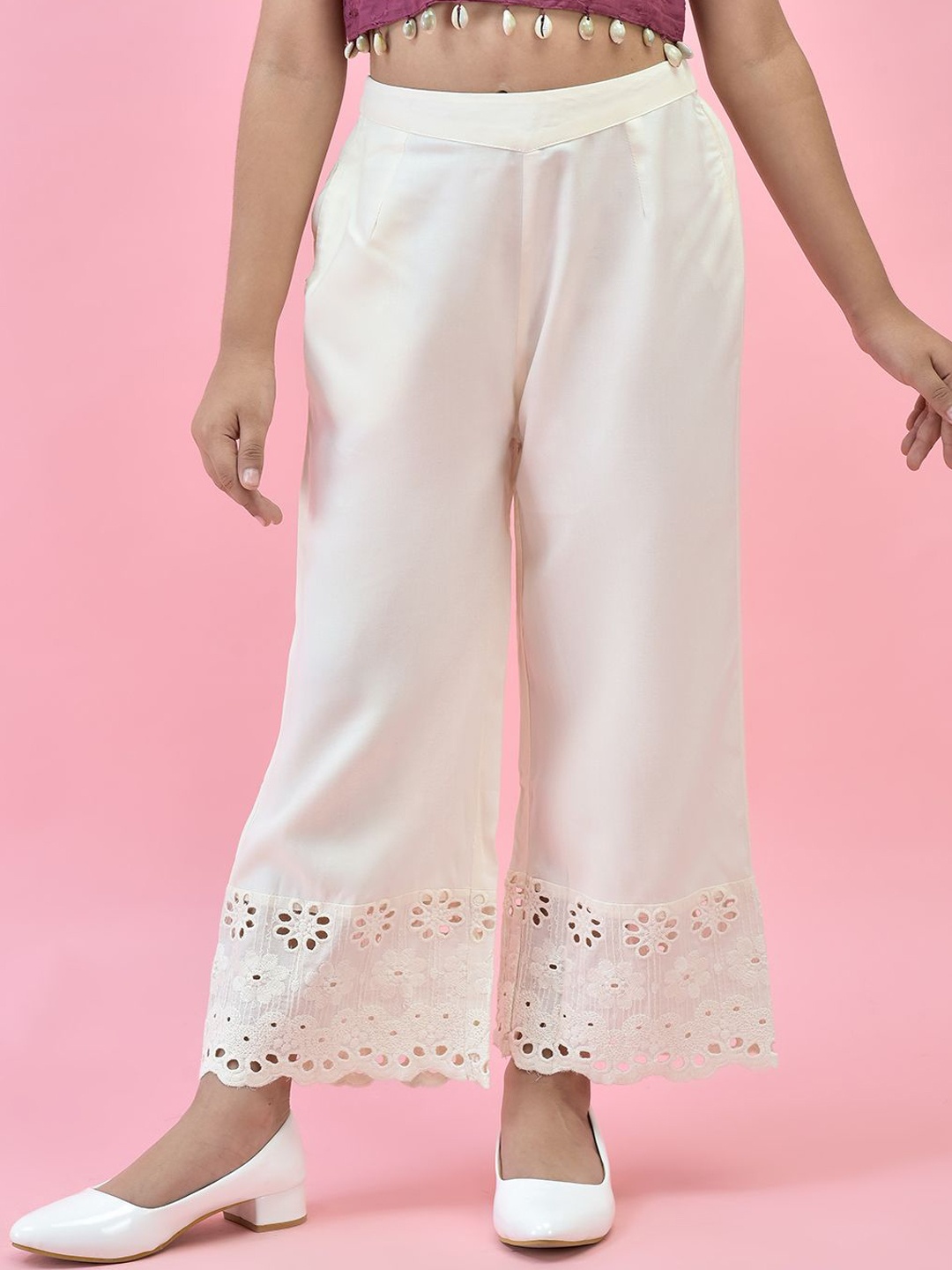 

Juniper Girls Relaxed Straight Fit Cotton Parallel Trousers with Schiffli Hem, Beige