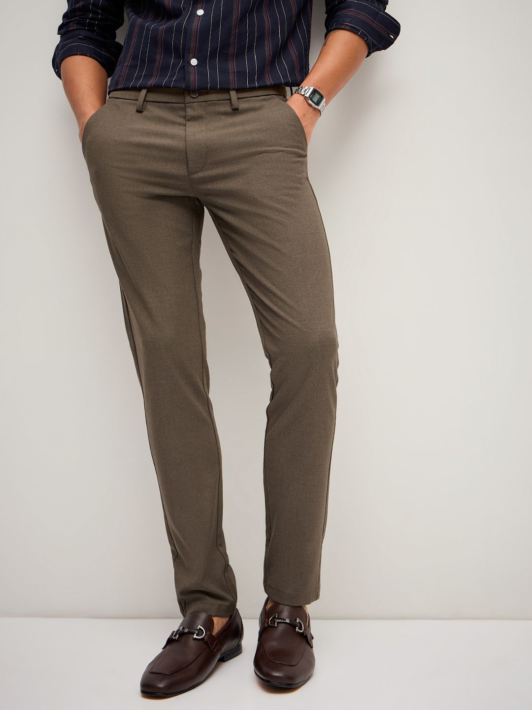 

THE BEAR HOUSE Men Solid 4 Way Stretch Formal Trouser, Brown