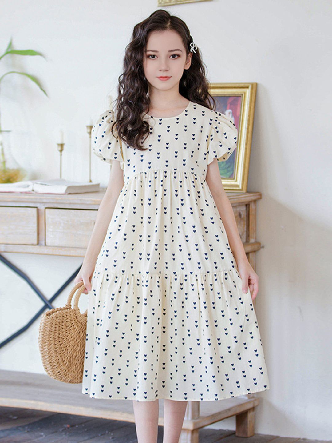 

INCLUD Girls Puff Sleeve Empire Midi Dress, Off white