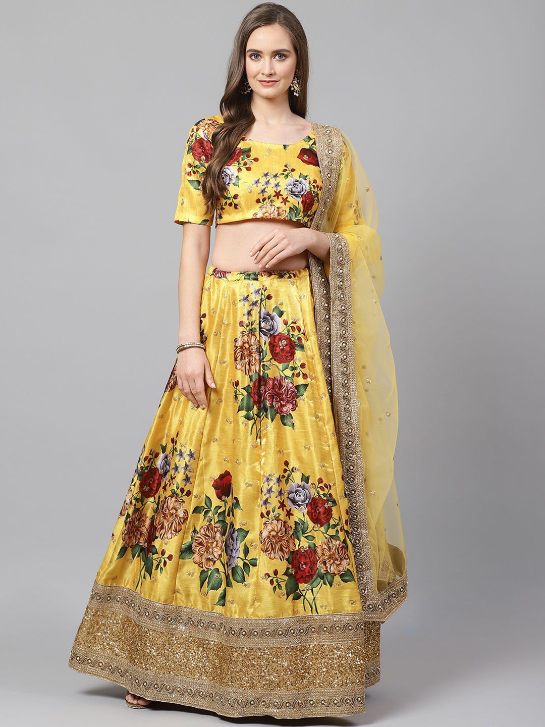 

FABPIXEL Printed Sequinned Semi-Stitched Lehenga & Unstitched Blouse With Dupatta, Yellow