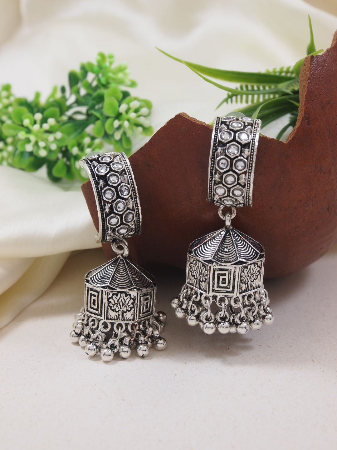 

I Jewels Silver-Plated Contemporary Oxidised Jhumkas