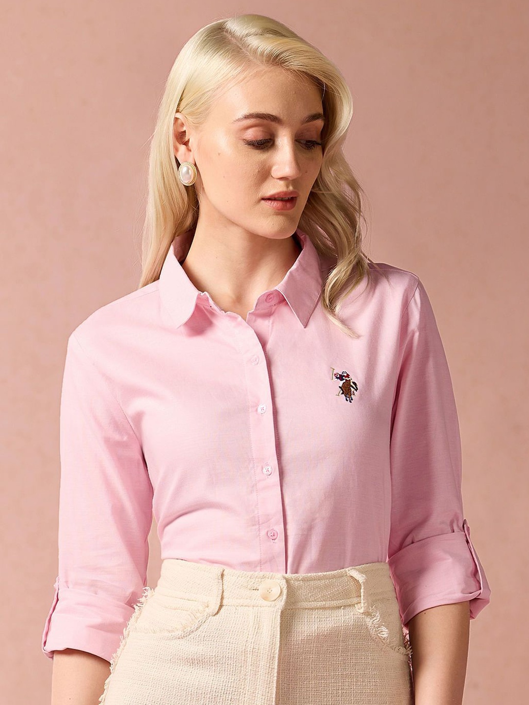 

U.S. Polo Assn. Women Women Spread Collar Solid Cotton Casual Shirt, Pink