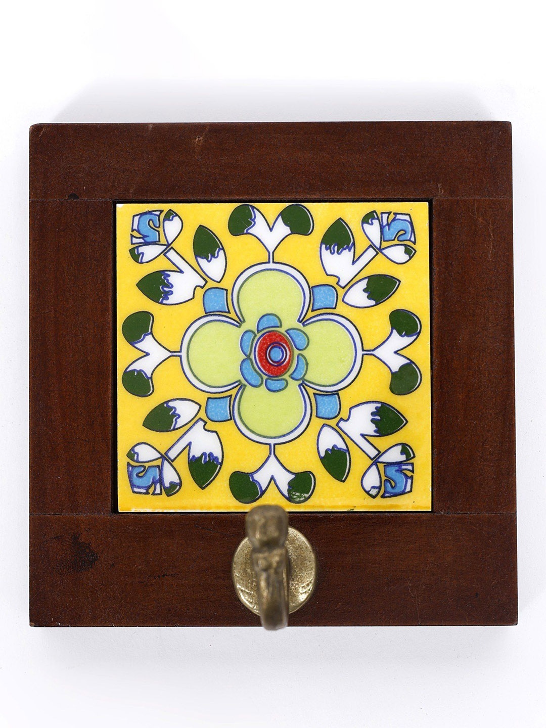 

Exotic India Wood Framed Brass Designer Tile Wall Hook, Yellow