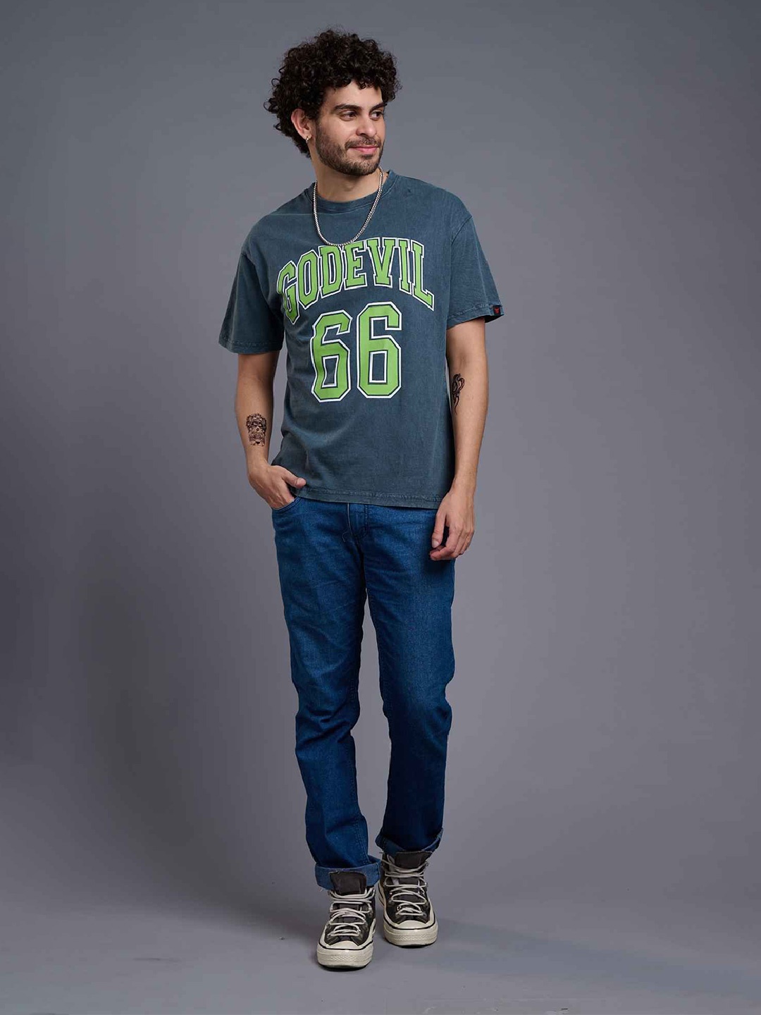 

GO DEVIL Men Varsity Printed Drop Shoulder Sleeves Round Neck T-shirt, Green