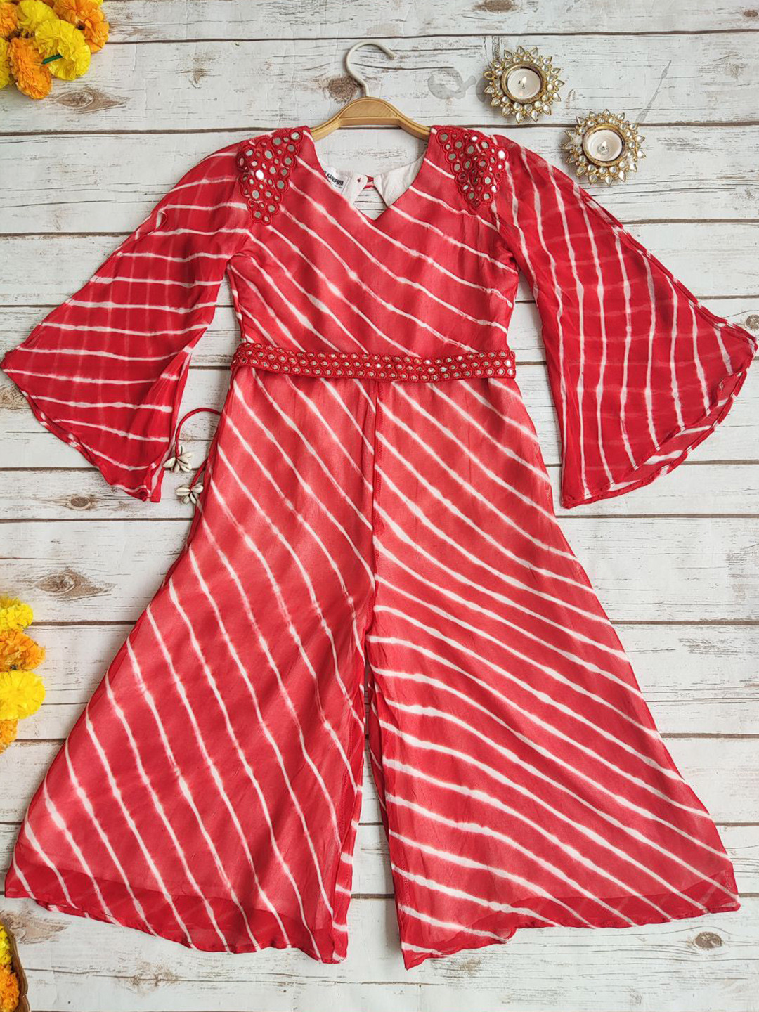

LABEL KANUPRIYA Girls Striped Basic Jumpsuit, Red
