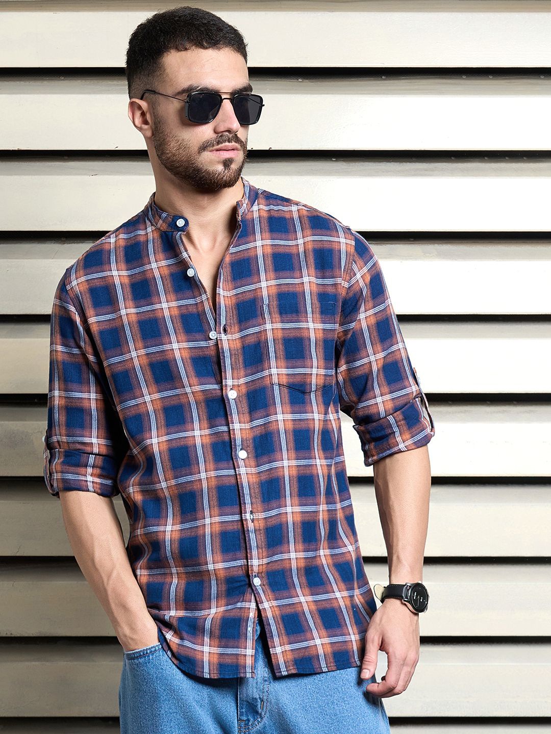 

High Star Men Standard Tartan Checks Opaque Checked Casual Shirt, Blue