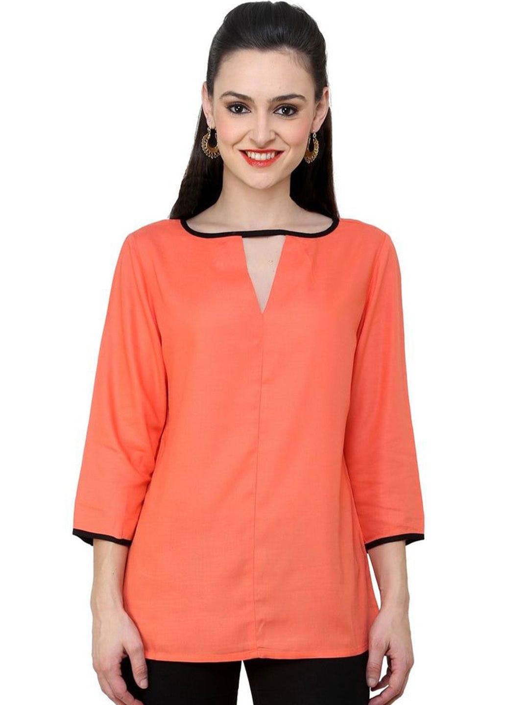 

Pannkh Keyhole Neck Roll-Up Sleeves Top, Coral