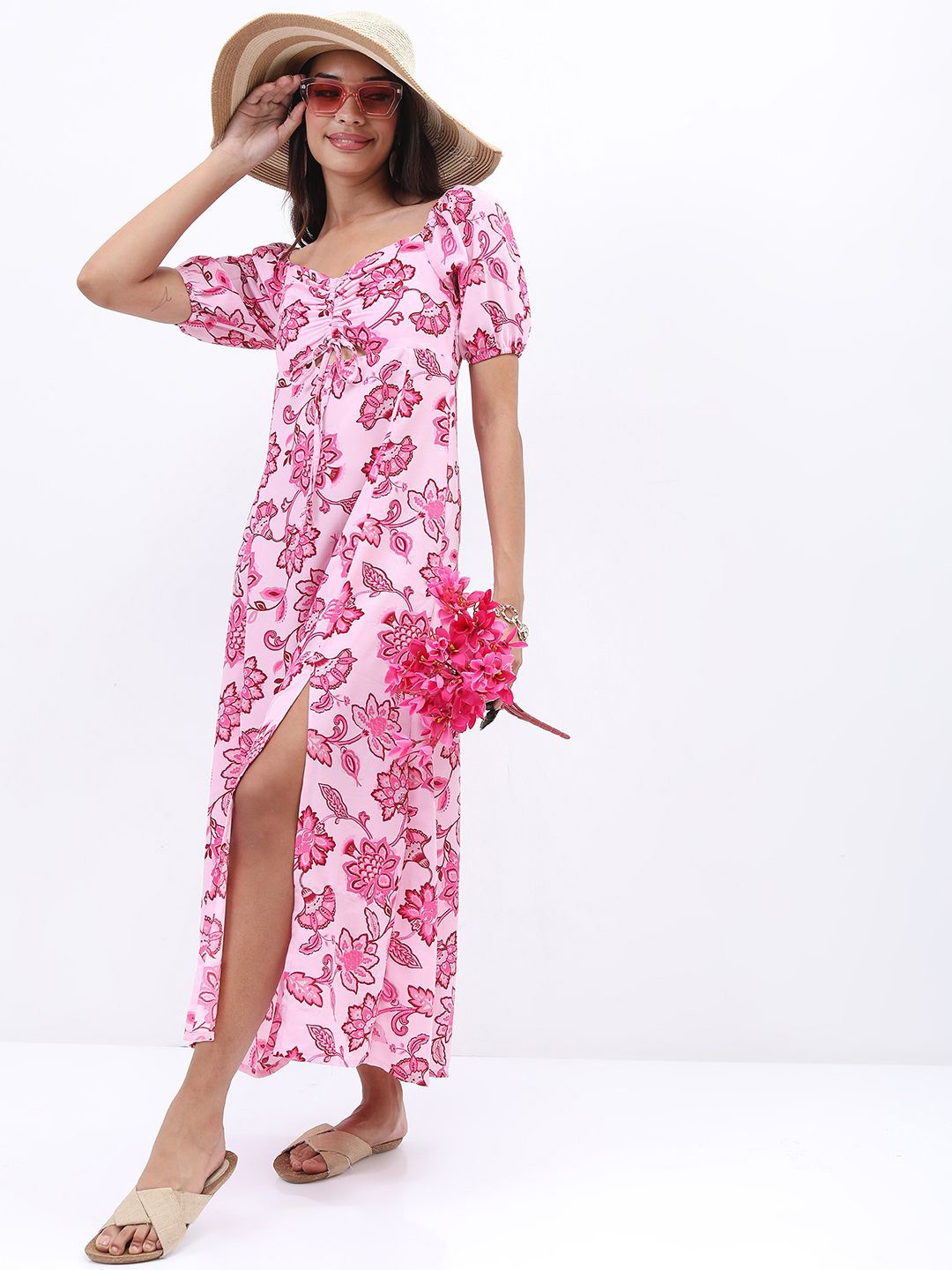 

Tokyo Talkies Floral Printed Puff Sleeve Ruched Tie Up Maxi Dress, White