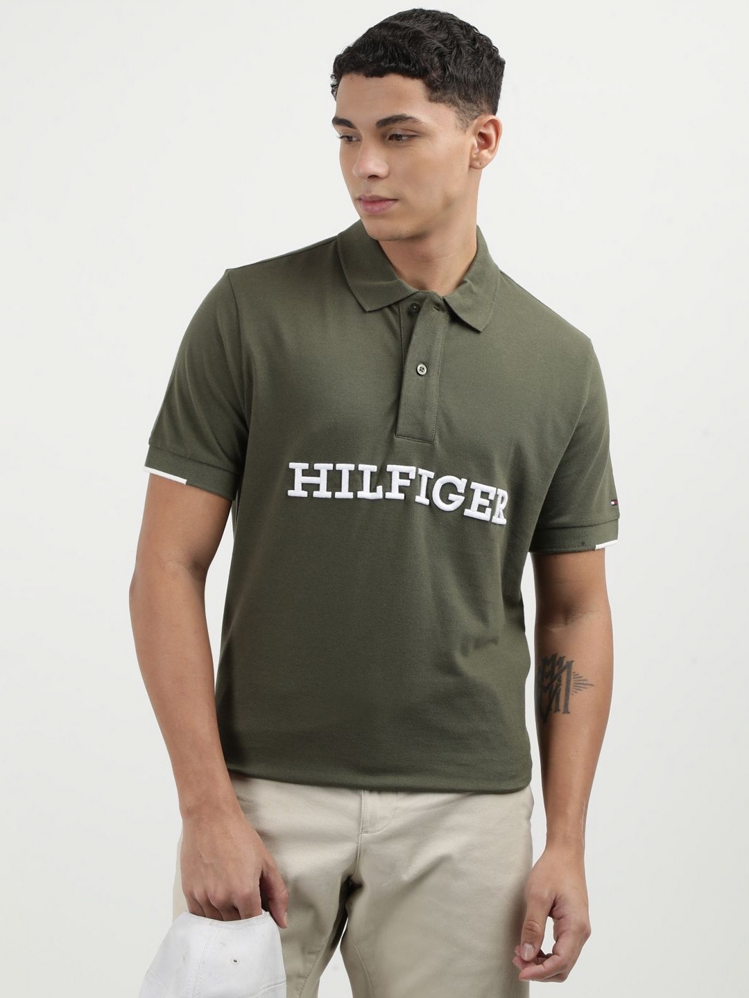 

Tommy Hilfiger Men Printed Polo Collar Cotton T-shirt, Green