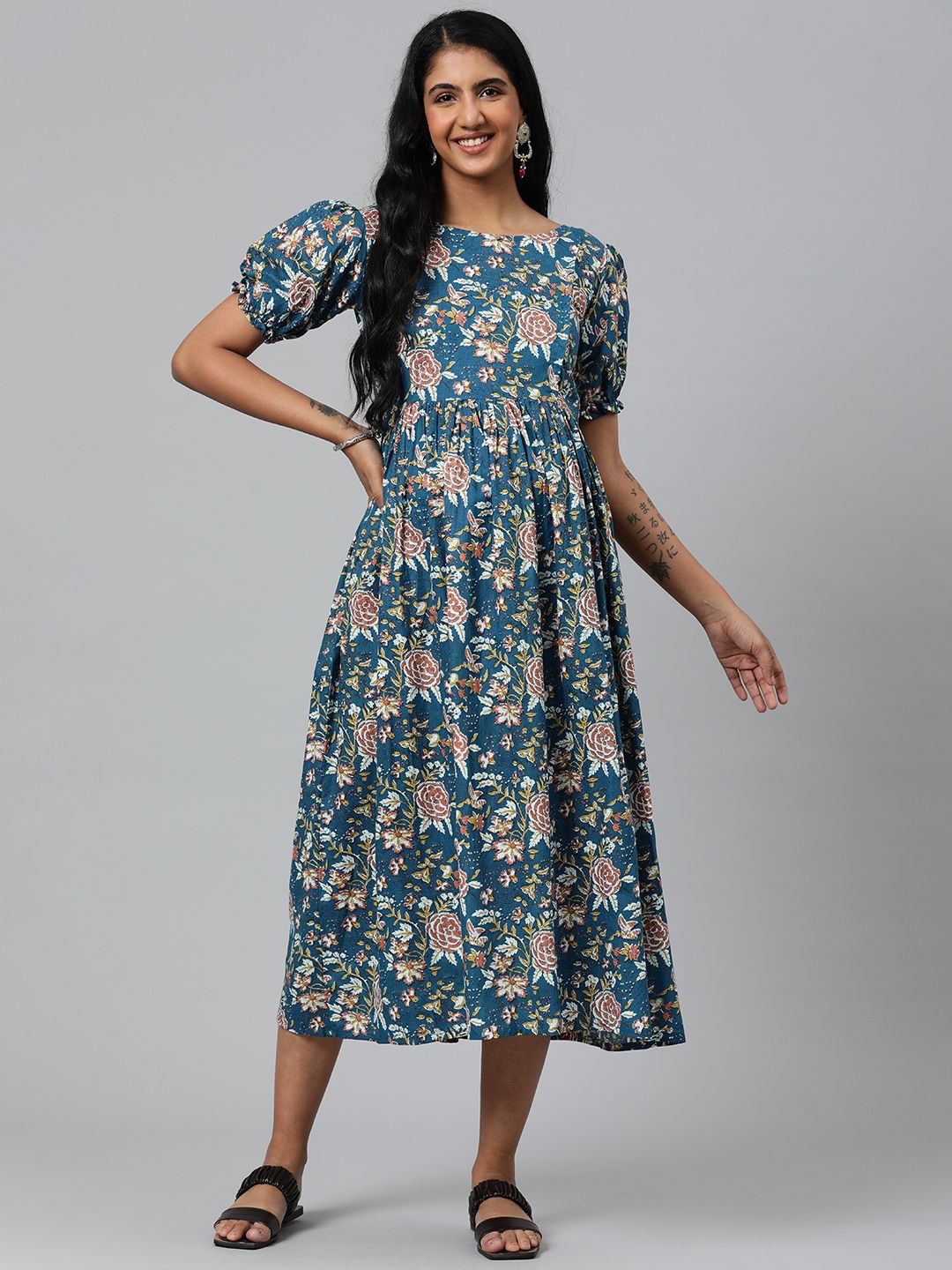 

Swishchick Puff Sleeve Fit & Flare Maternity Midi Dress, Blue
