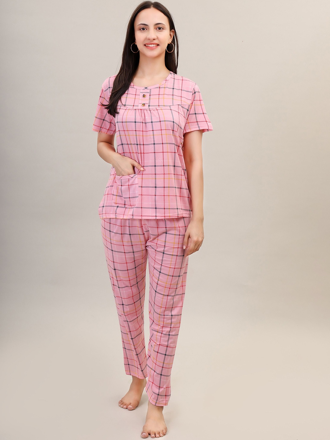 

Camey Women Checked Night suit, Pink