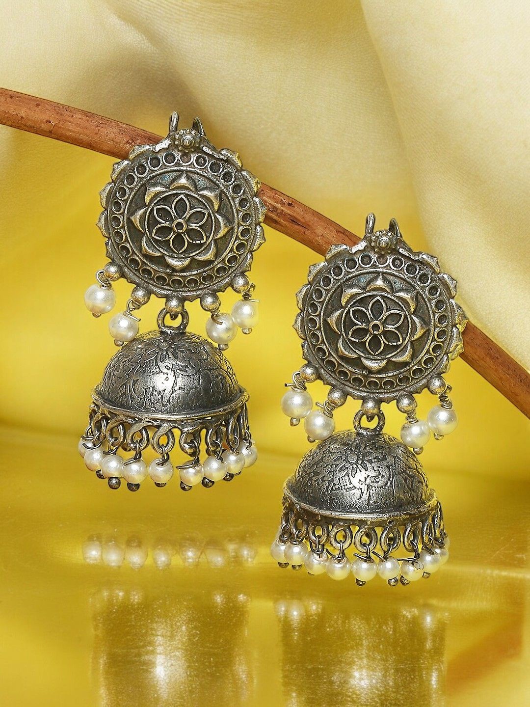 

Sangria Oxidized Dome Shaped Artificial Beaded Jhumkas, Silver