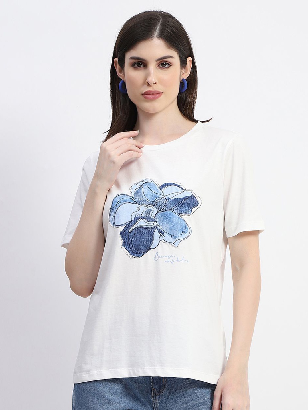 

Madame Women Graphic Printed Round Neck Cotton Top, White