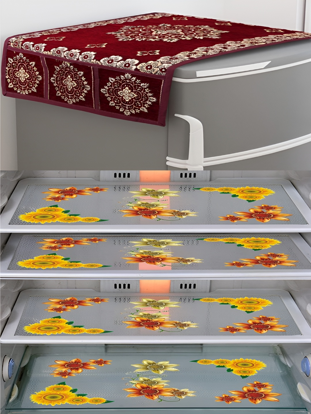 

Dakshya Industries Yellow & Maroon 5 Pieces Printed Fridge Cover & Fridge Mats