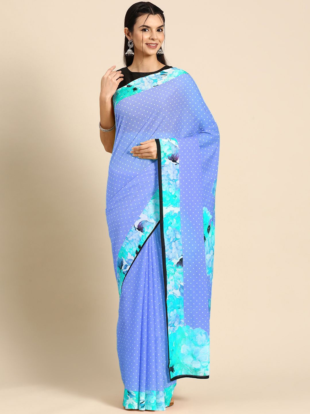 

BUTA BUTI Printed Polka Dots Floral Pure Cotton Saree, Blue