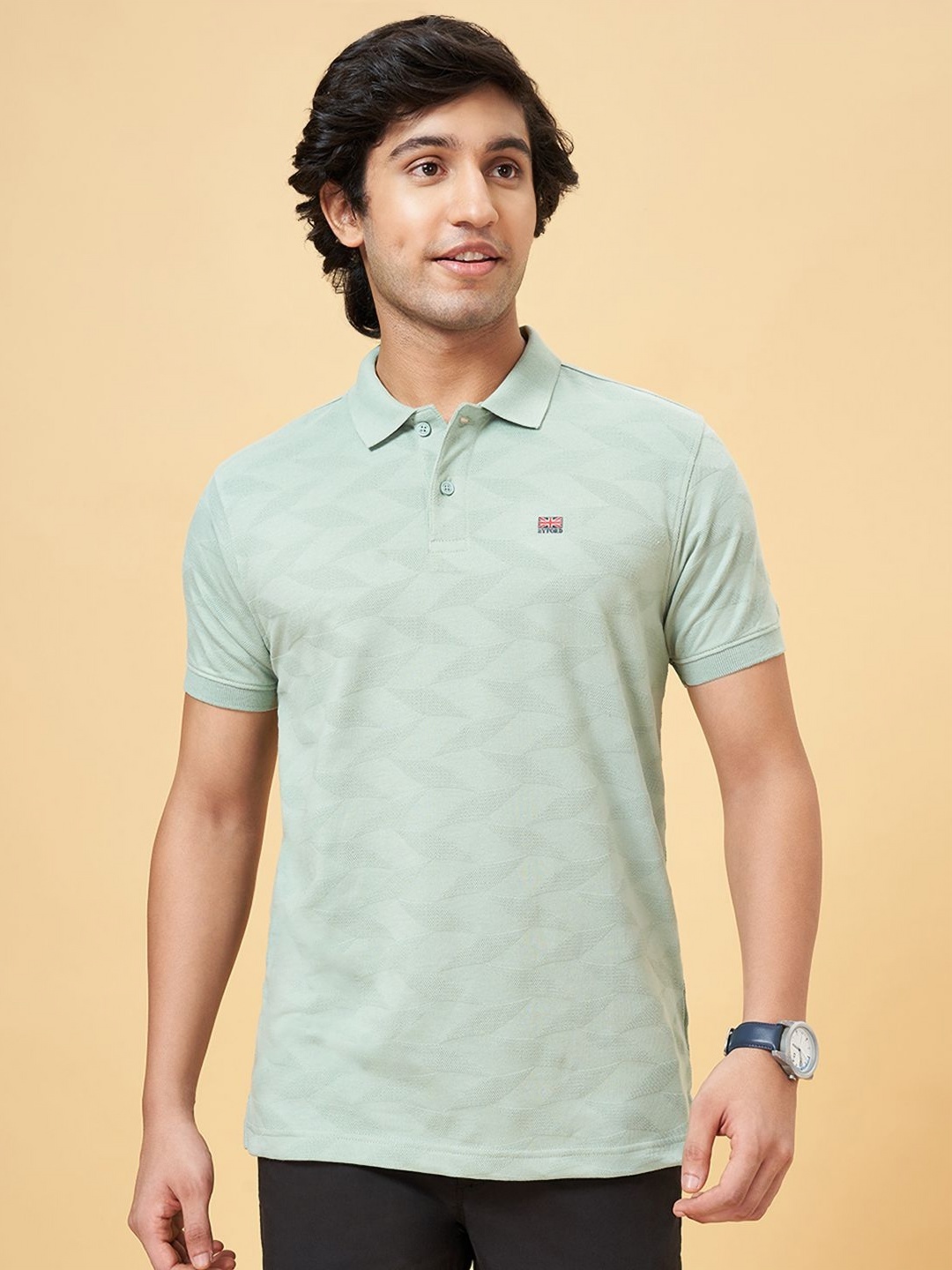 

BYFORD by Pantaloons Men Self Design Polo Collar Cotton Slim Fit T-Shirt, Green