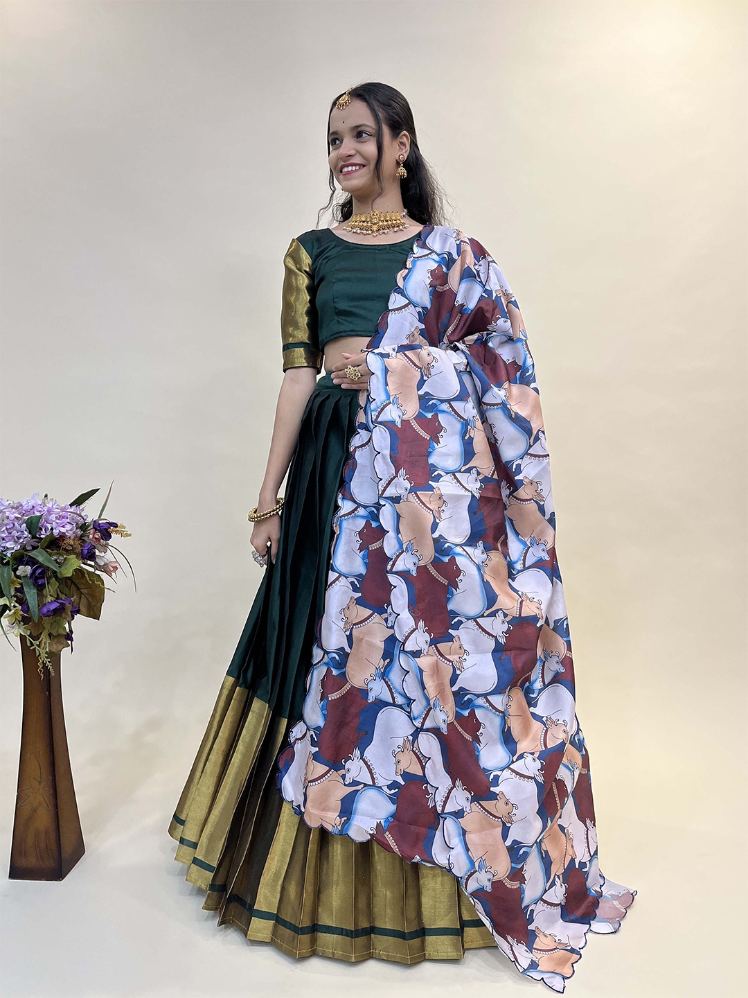 

Fabcartz Woven Design Semi-Stitched Lehenga & Unstitched Blouse With Dupatta, Green