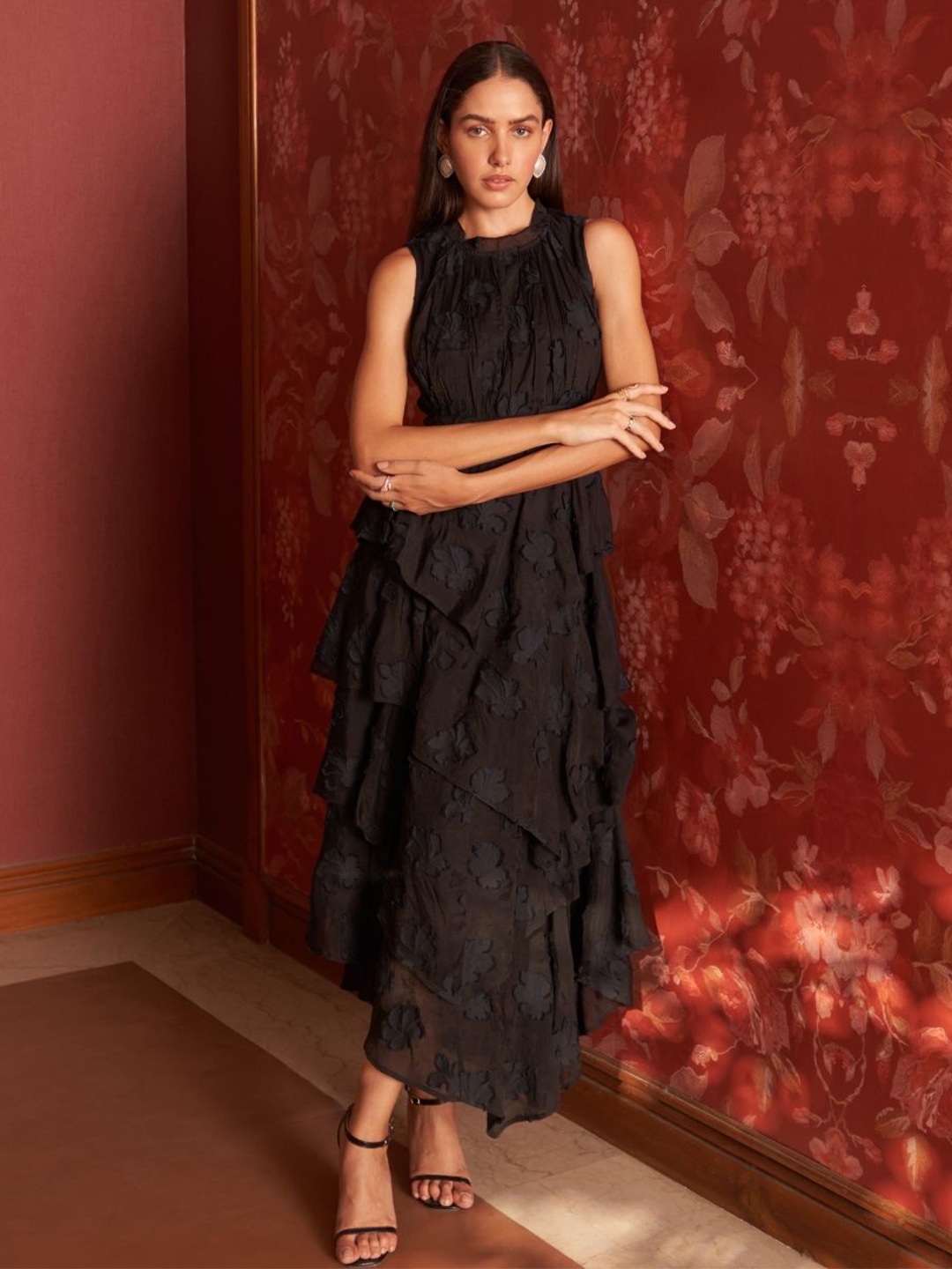 

Style Island Round Neck Self Design Layered Fit and Flare Midi Dress, Black