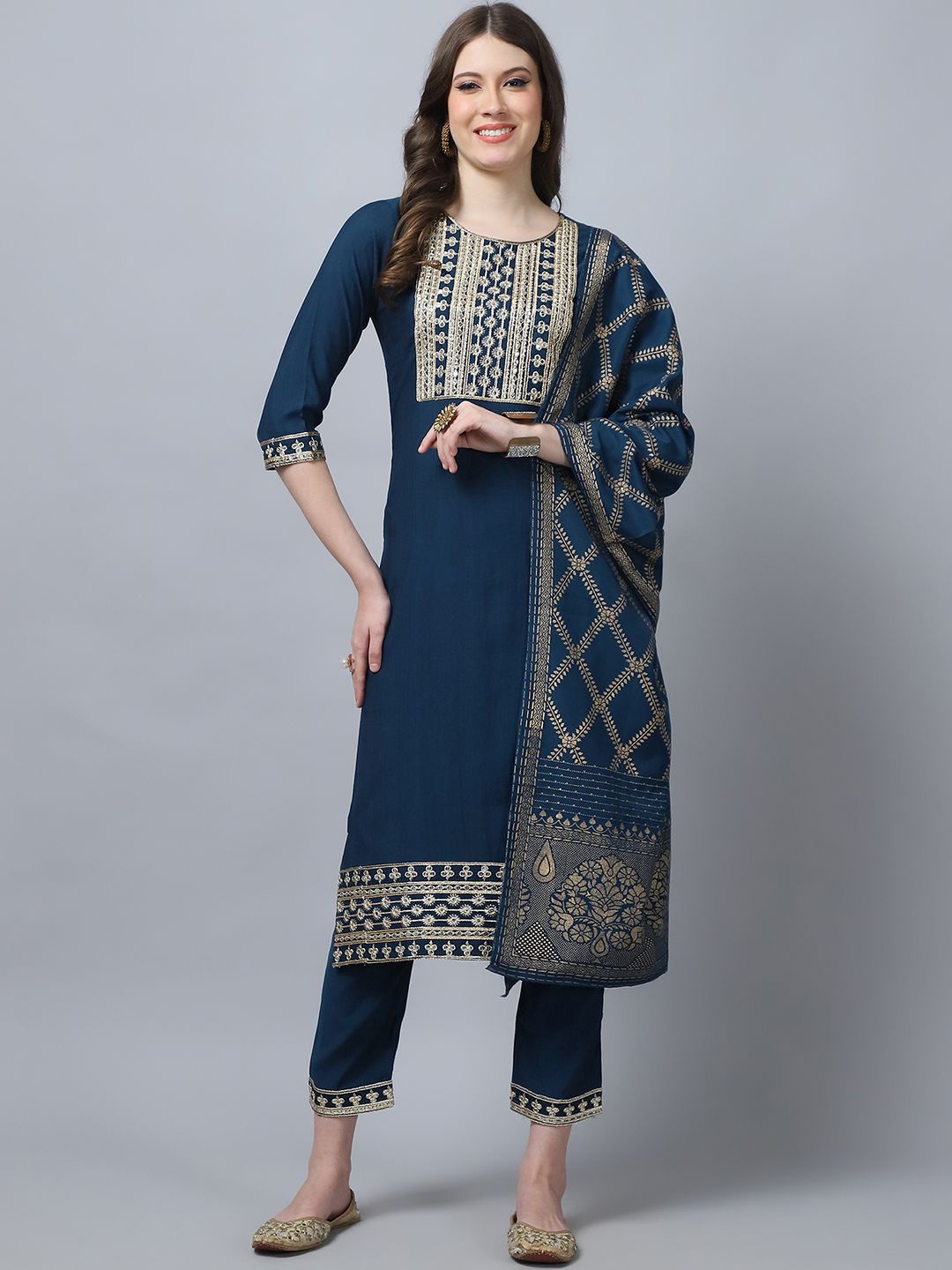 

KALINI Floral Embroidered Pure Silk Kurta with Trousers & Dupatta, Navy blue