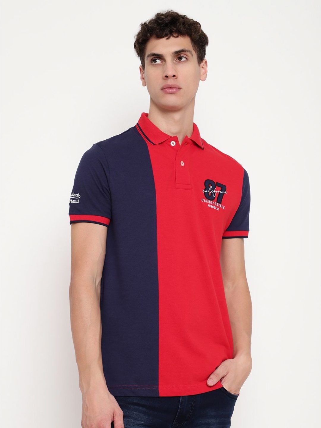 

Nimble Men Colourblocked Polo Collar Cotton T-Shirt, Red