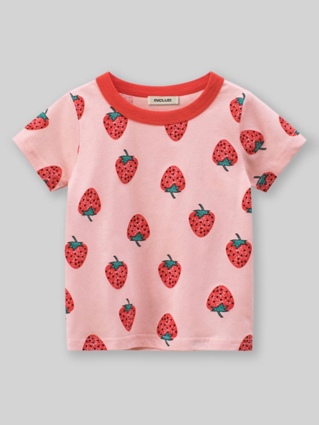 

INCLUD Girls Conversational Printed Round Neck Cotton T-Shirt, Pink