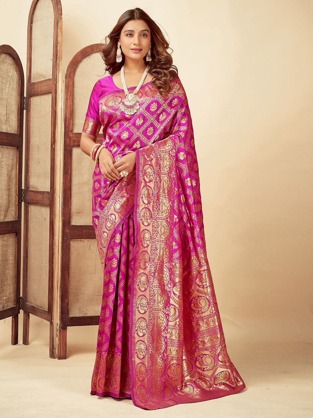 

KALINI Woven Design Zari Art Silk Banarasi Saree, Pink