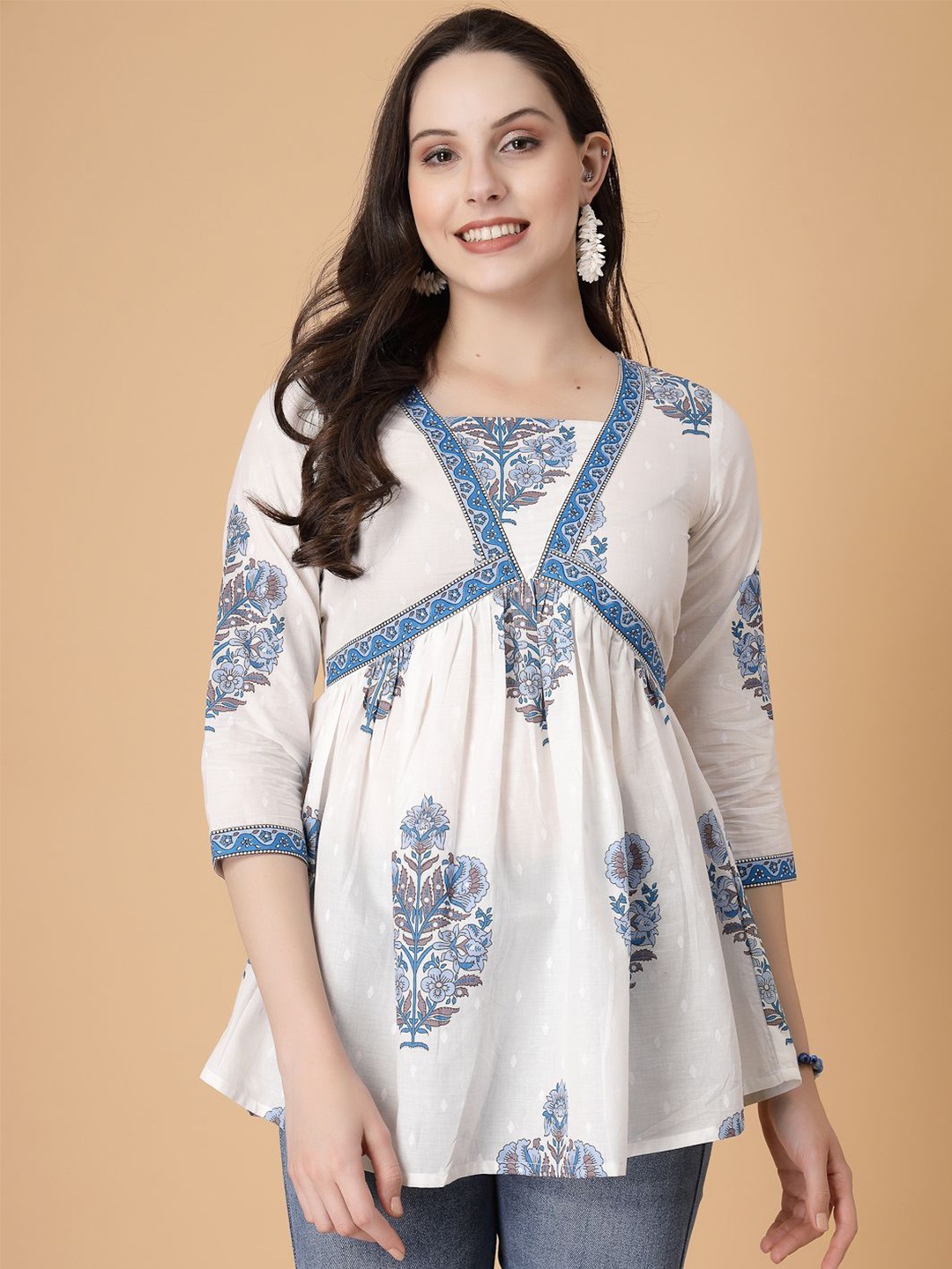 

God Bless Women Floral Printed Cotton Peplum Top, White