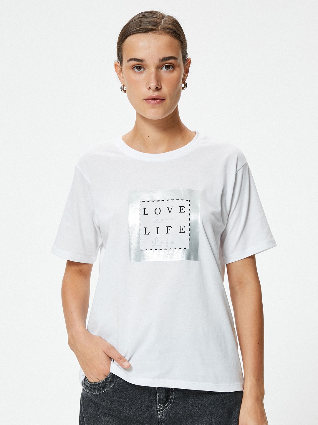 

Koton Women Typography Printed Round Neck Cotton Oversized T-Shirt, White