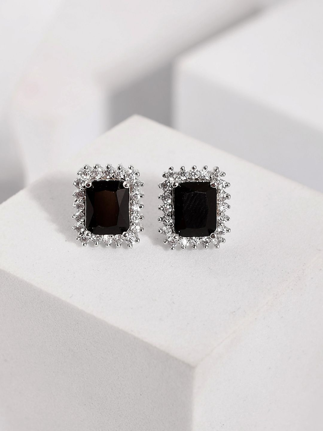 

Voylla Rhodium Plated Contemporary American Diamond Studded Earrings, Silver