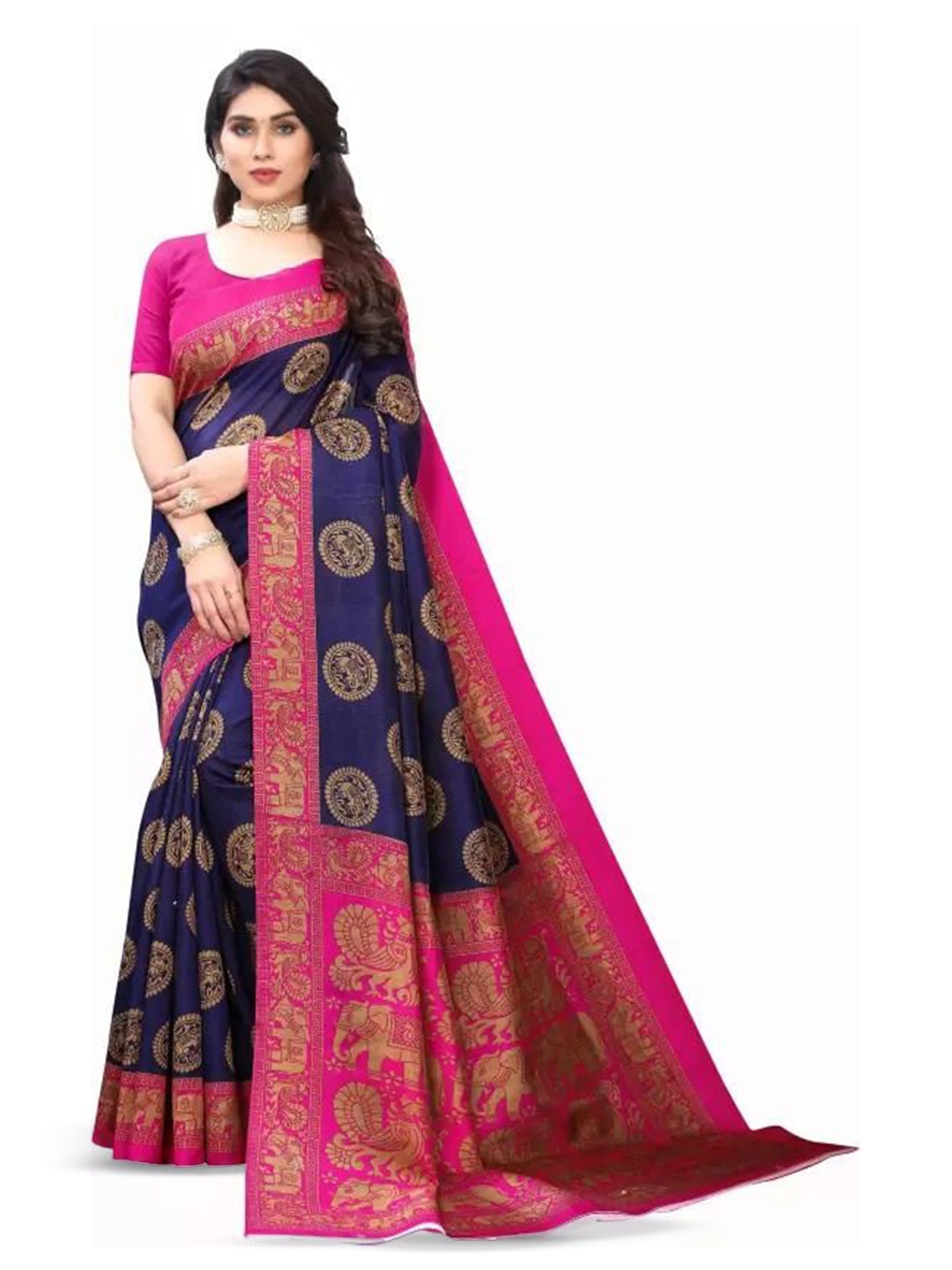 

RUNAYA NX Ethnic Motifs Woven Design Zari Saree, Pink