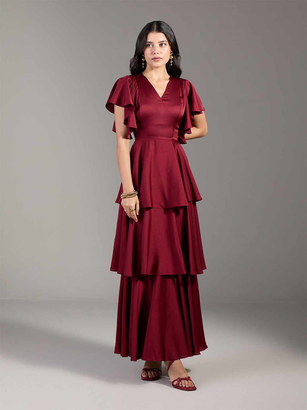 

20Dresses Flared Sleeve Ruffled Tiered Satin Fit and Flare Maxi Dress, Red