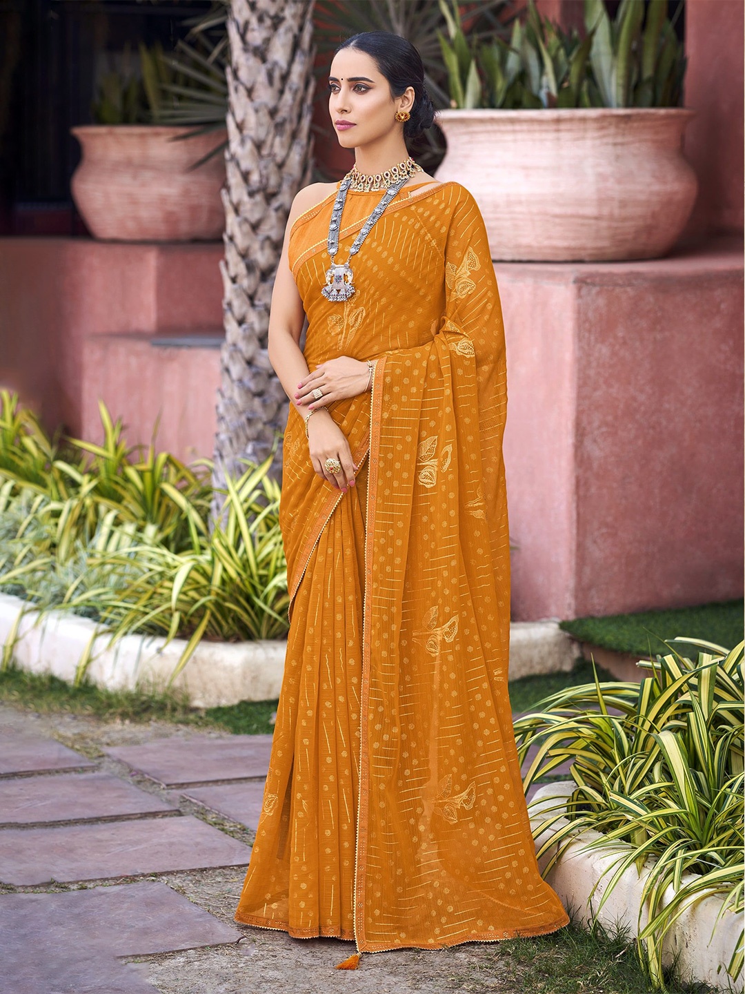 

NIRMAL CREATION Ethnic Motifs Beads and Stones Pure Silk Saree, Mustard