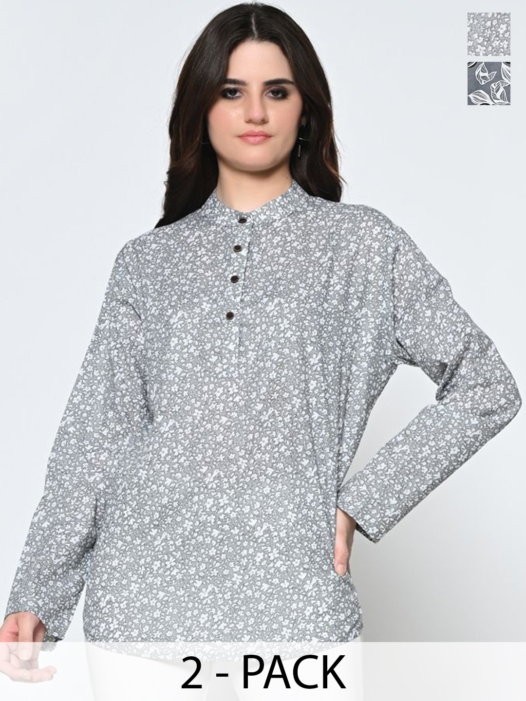 

BAESD Selection Of 2 Floral Printed Band Collar Pure Cotton A-Line Kurtis, Grey