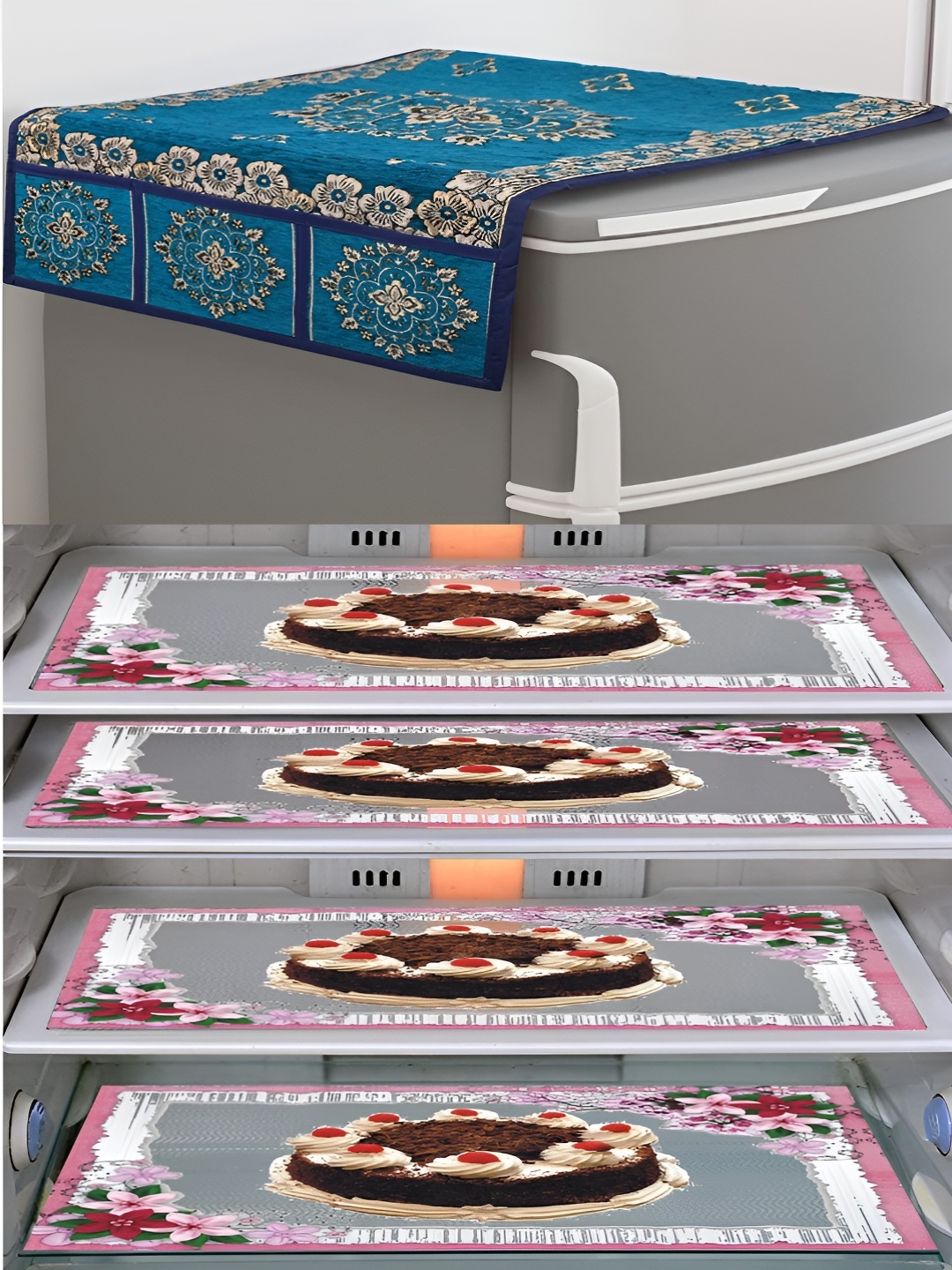

LooMantha Brown & Blue 5 Pieces Printed Fridge Cover With Side Storage & Fridge Mat
