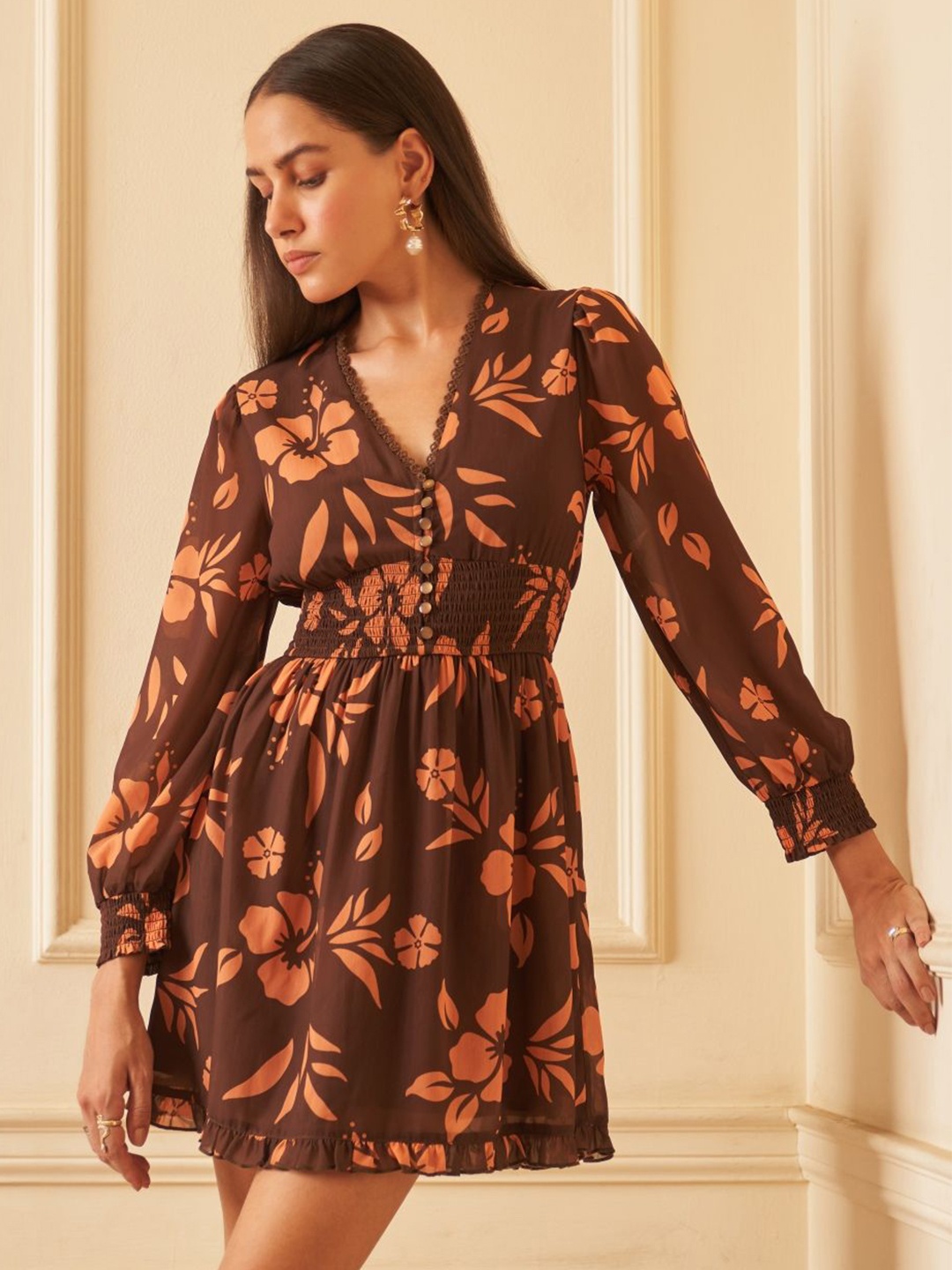 

Style Island Floral Printed Cuffed Sleeves Fit & Flare Mini Dress, Brown