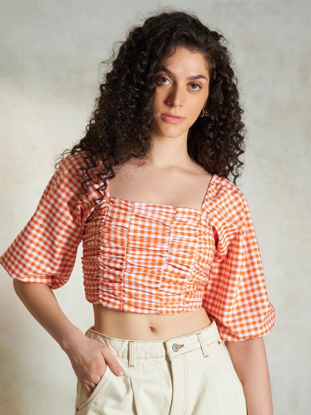 

Virgio Checked Bell Sleeve Cotton Crop Top, Orange