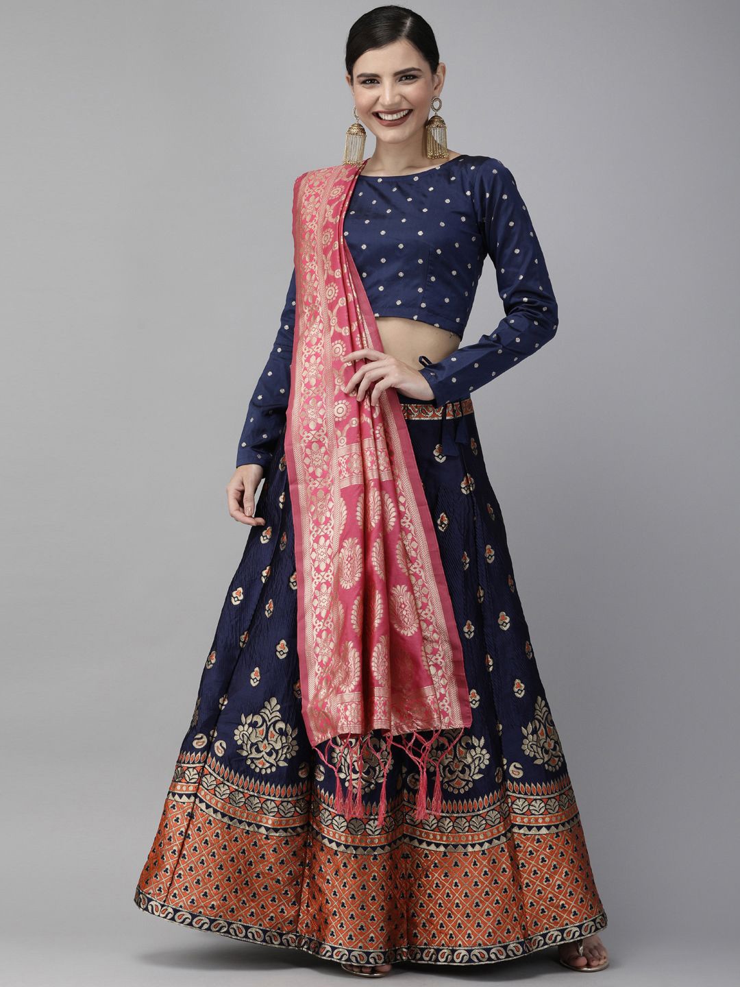 

KAZIA Floral Woven Design Semi-Stitched Lehenga & Unstitched Blouse With Dupatta, Navy blue