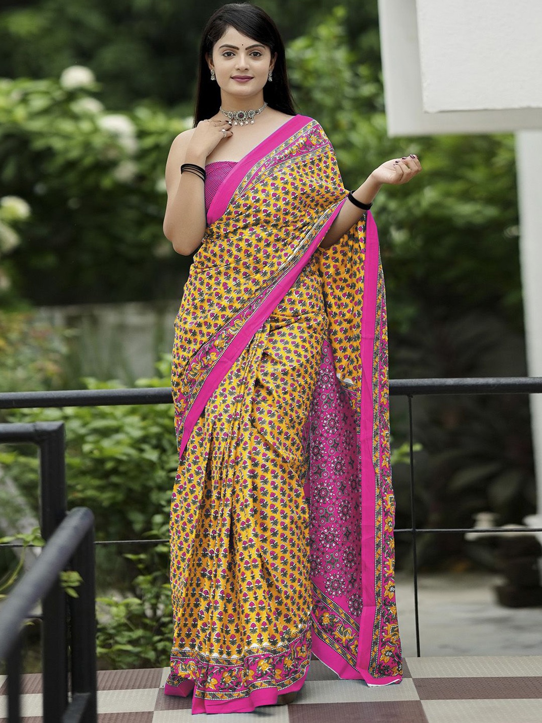 

KALINI Ethnic Motifs Bagru Yellow Cotton Printed Saree