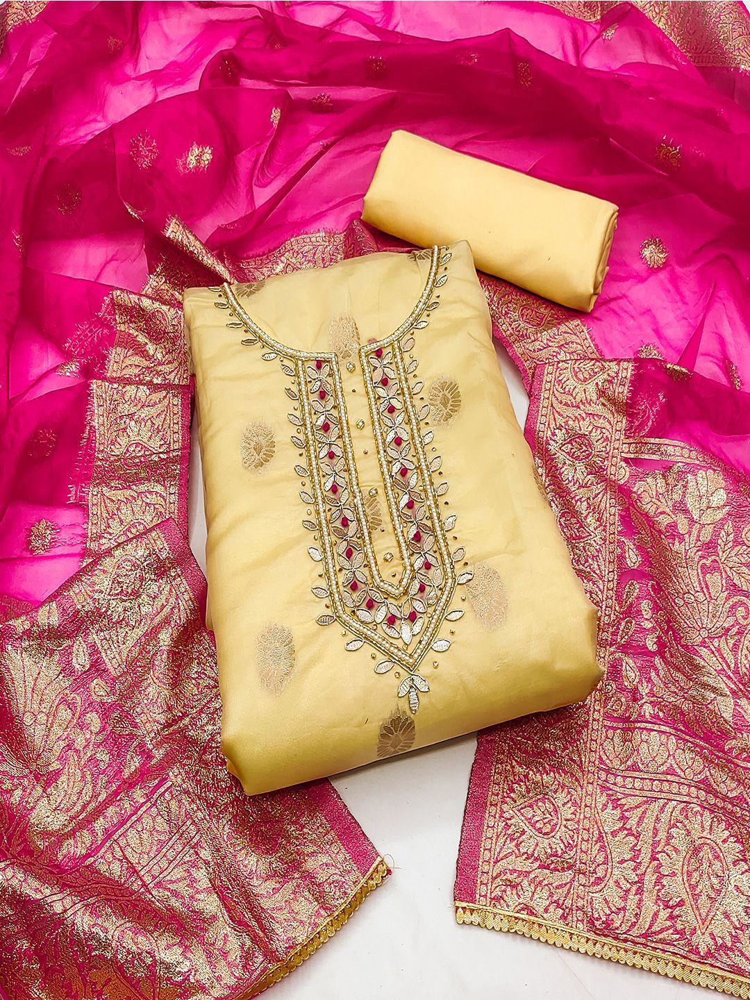 

Lilots Embroidered Beads and Stones Organza Unstitched Dress Material, Yellow
