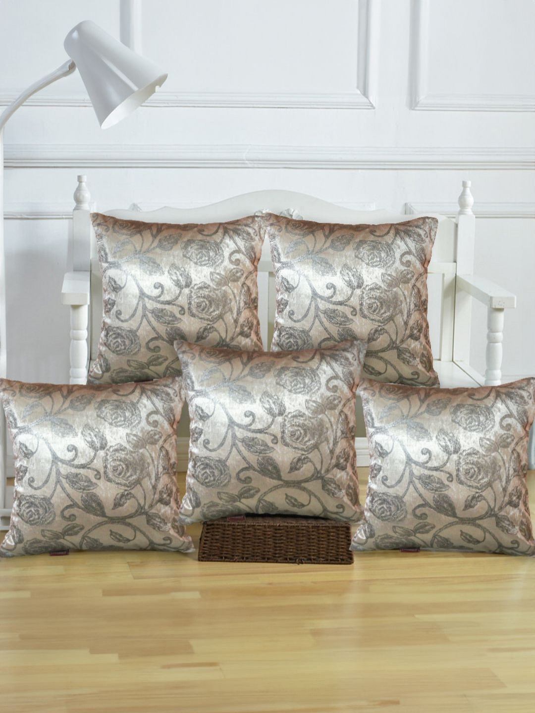 

Tesmare Premiun Off White & Grey 5 Pieces Floral Embellished Velvet Square Cushion Covers