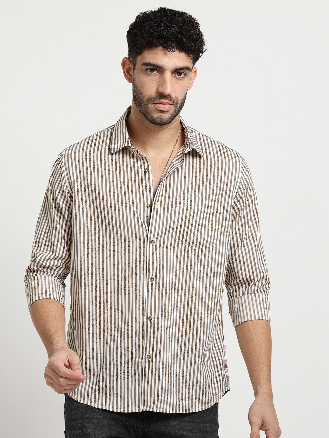 

URBARO Men Smart Slim Fit Striped Pure Cotton Casual Shirt, Khaki