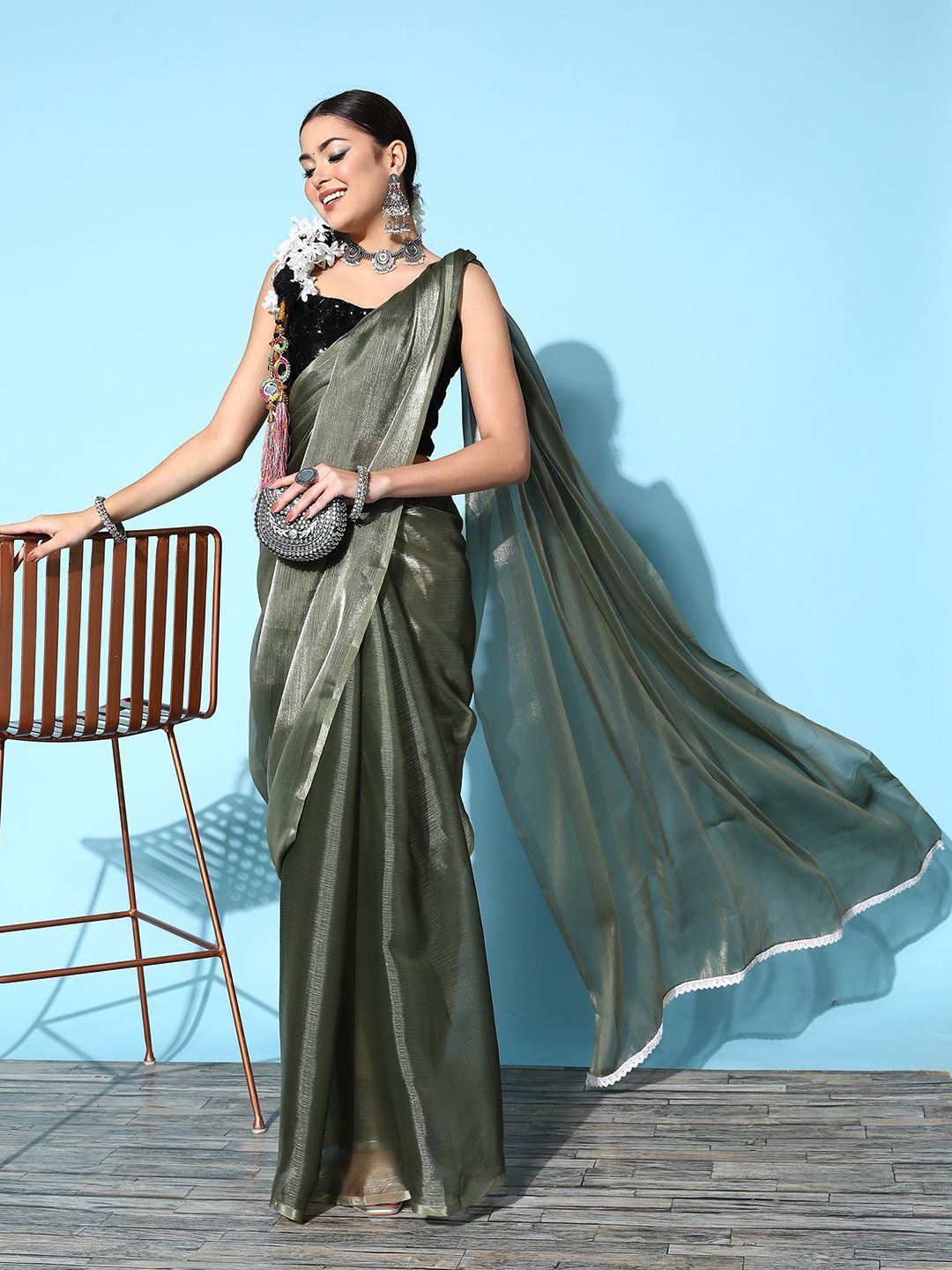 

Saree mall Solid Embroidered Organza Saree, Olive