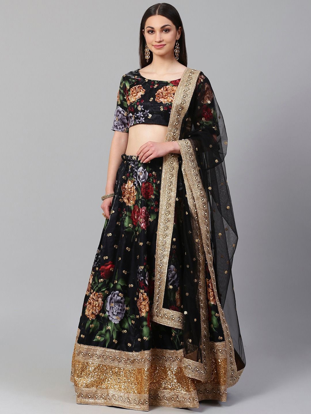 

FABPIXEL Floral Printed Sequinned Semi-Stitched Lehenga & Unstitched Blouse With Dupatta, Black