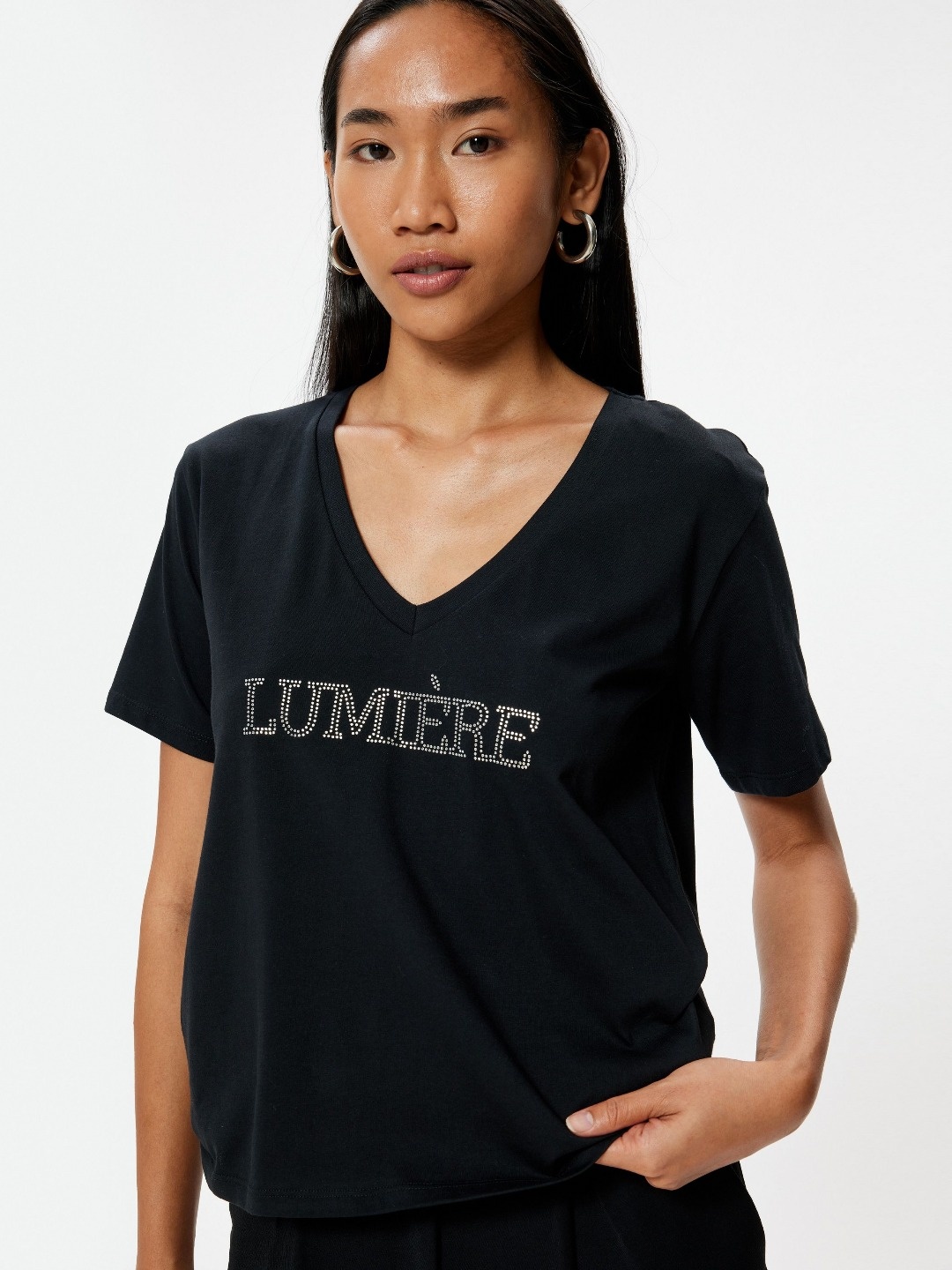 

Koton Women Graphic Printed V-Neck Cotton T-Shirt, Black