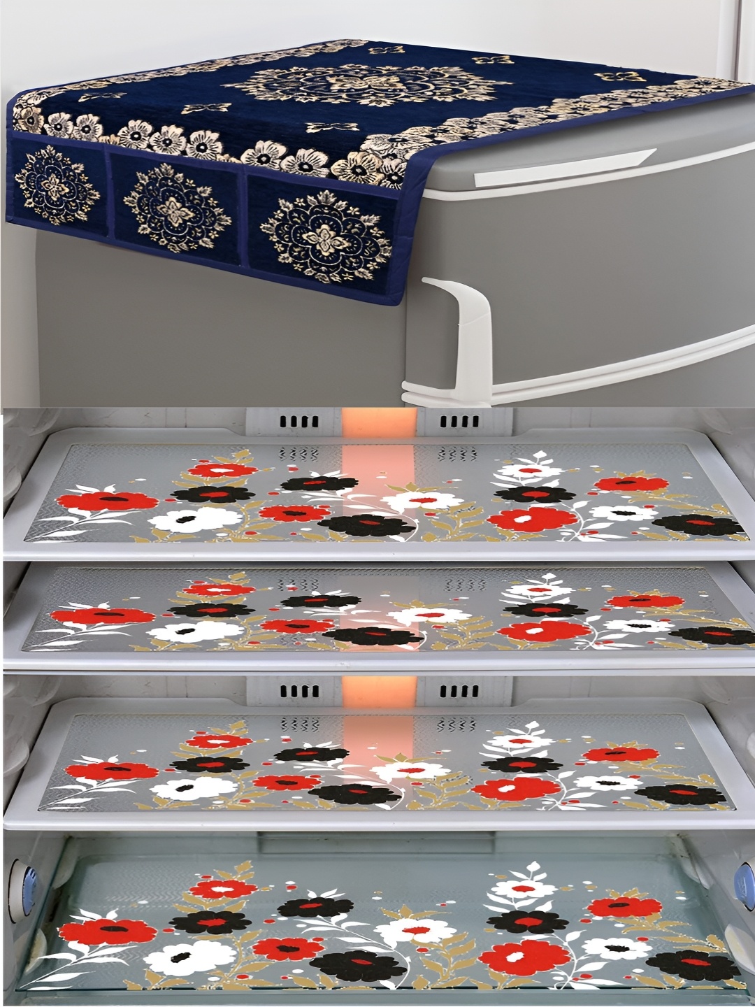 

Dakshya Industries White & Blue 5 Pieces Printed Fridge Cover With Mats