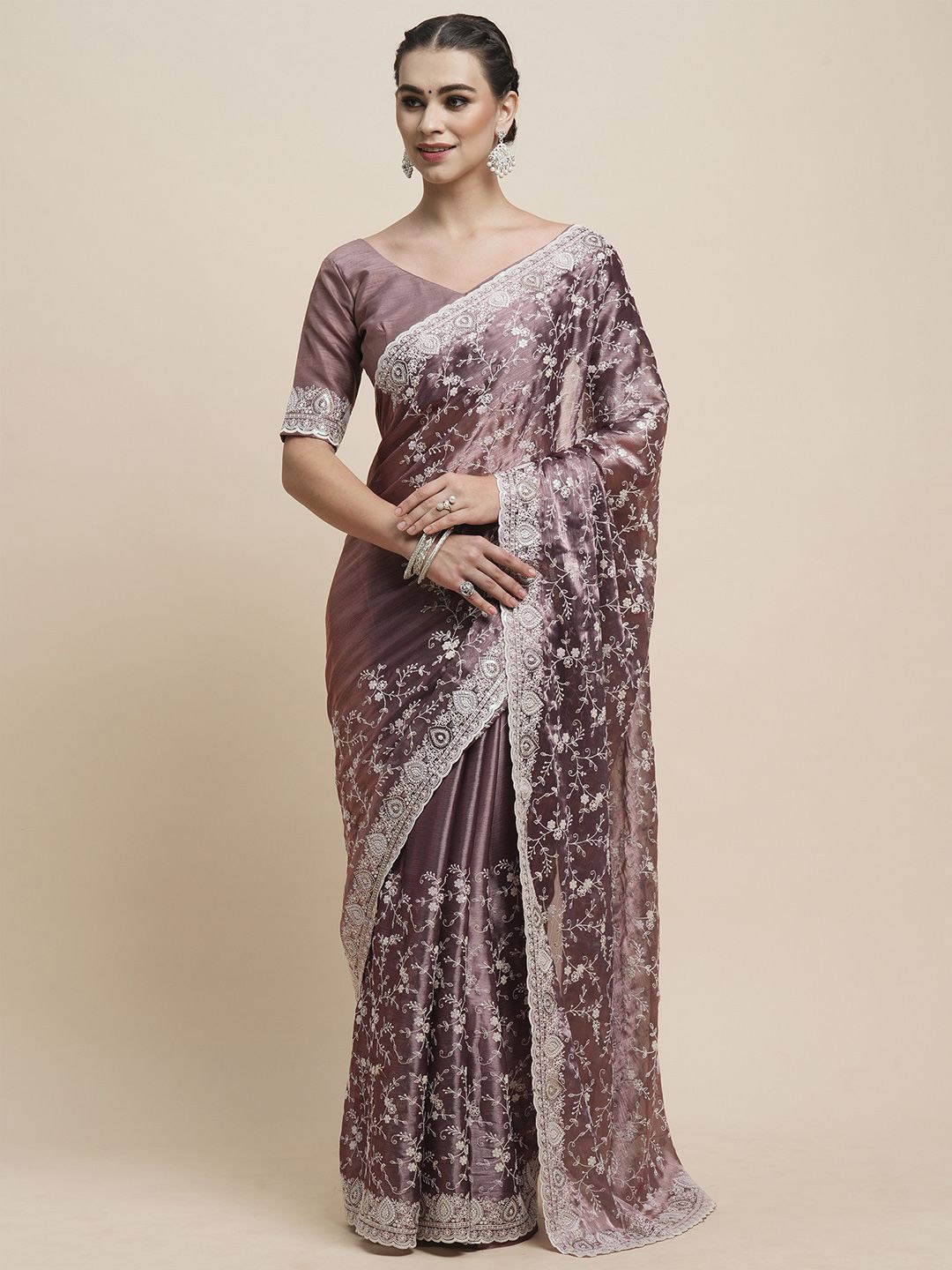 

Saree mall Floral Embroidered Organza Sarees, Mauve